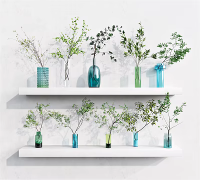 Colorful Glass Vases With Green Foliage Arranged On White Floating Shelves For Home Decor 3d model