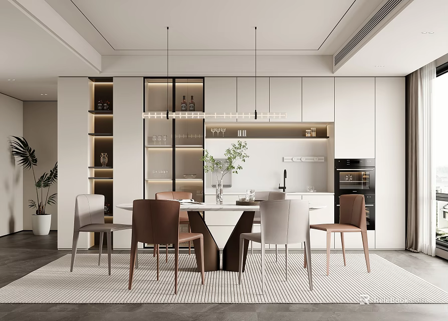 Elegant Modern Dining Room Interior With White Table Chairs Cabinets And Pendant Lights 3d model