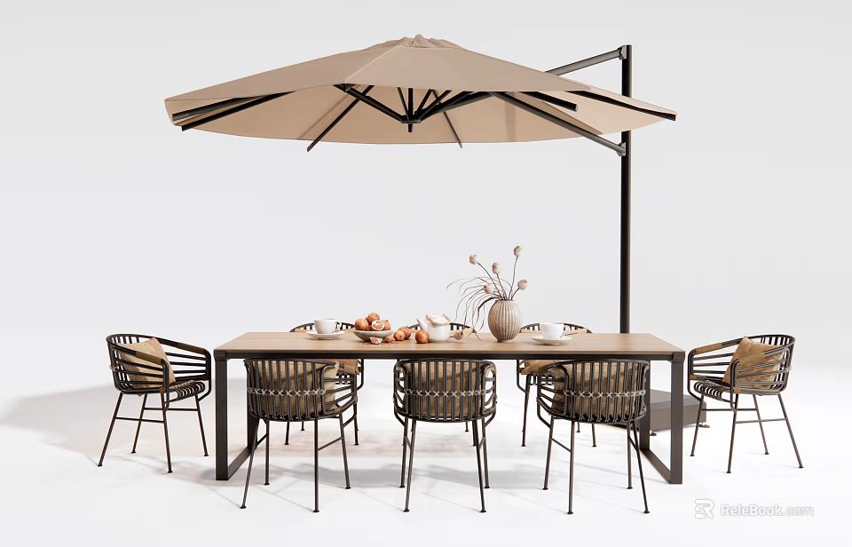 Modern Outdoor Table With Wicker Chairs Umbrella And Decorative Vase On Patio 3d model 