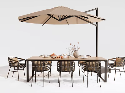 Modern Outdoor Table With Wicker Chairs Umbrella And Decorative Vase On Patio 3d model