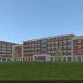 Modern School Building Complex With Red Brick Exteriors White Walls Green Lawn And Trees