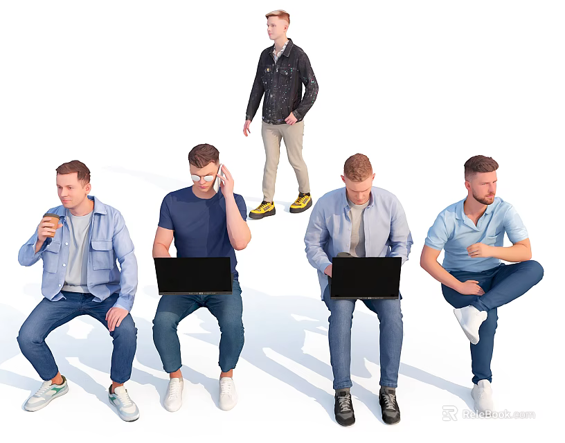 Group of Men in Casual Poses Sitting Standing Using Laptops Drinking Coffee Talking 3d model 