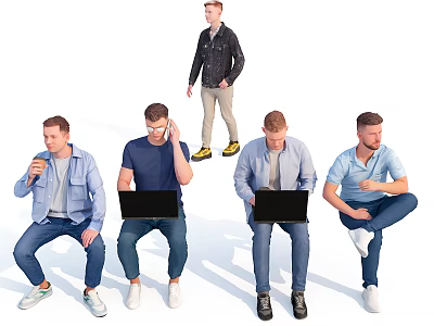 Group of Men in Casual Poses Sitting Standing Using Laptops Drinking Coffee Talking 3d model