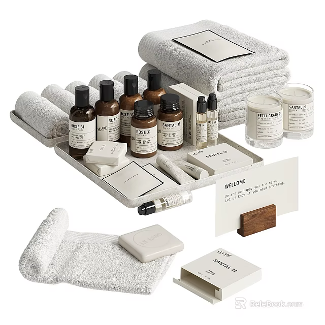 Washing Daily Essentials Collection With Towels Tray Care Bottles Soap And Candles 3d model 