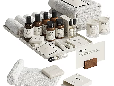 Washing Daily Essentials Collection With Towels Tray Care Bottles Soap And Candles 3d model