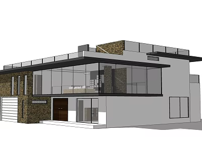 Modern Detached Villa With Large Glass Windows Flat Roof And Brown Entrance 3d model