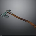 Decorative Battle Axe Weapon With Blue Patterned Blade And Wooden Wrapped Handle