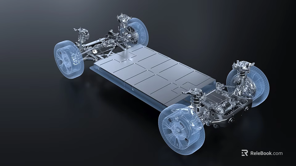 Electric Vehicle Chassis Structure With Battery Pack Suspension System And Wheels 3d model 