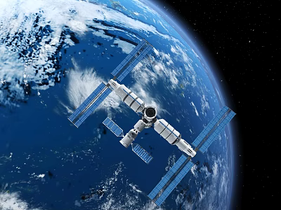 Space Station With Solar Panels Orbiting Blue Earth In Space 3d model