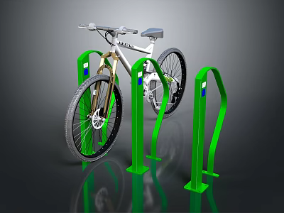 Silver Bicycle Parked On Green Bike Rack With Secure Stand Design 3d model