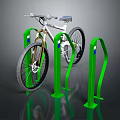 Silver Bicycle Parked On Green Bike Rack With Secure Stand Design