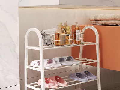 Multi Tiered White Shoe Rack Organizer with Slippers and Toiletries in Bathroom 3d model