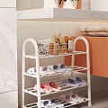 Multi Tiered White Shoe Rack Organizer with Slippers and Toiletries in Bathroom