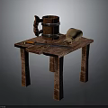 Rustic Wooden Table With Wooden Bucket Clay Pot And Knife On Top