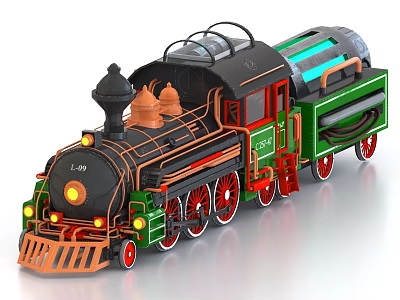 Vintage Steam Train Model With Black Locomotive Orange Chimney Green Carriage And Red Wheels 3d model