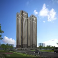 Modern Twin High Rise Residential Building With Greenery Blue Sky And Road