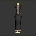 Stylish Black Women's Dress With Gold Trim And Accents On Gold Display Stand
