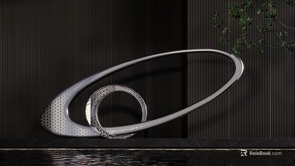 Silver Perforated Ring Sculpture Against Dark Striped Wall With Green Plants And Water Reflection 3d model 