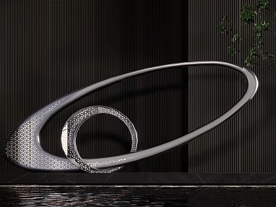 Silver Perforated Ring Sculpture Against Dark Striped Wall With Green Plants And Water Reflection 3d model