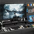 Ultimate Gaming Computer Workspace With Monitor Keyboard Headphones Controllers And Laptop