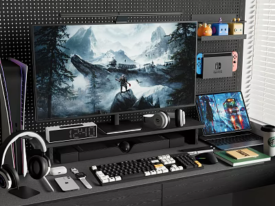 Ultimate Gaming Computer Workspace With Monitor Keyboard Headphones Controllers And Laptop 3d model