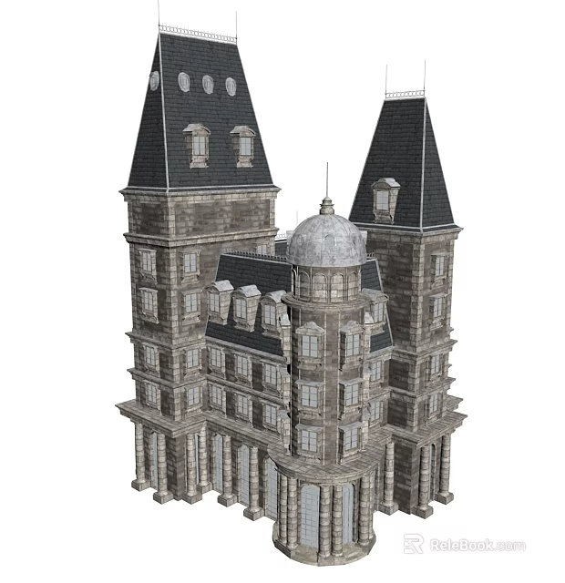 European Architecture Structure With Twin Towers Dome Arched Windows And Stone Walls 3d model 