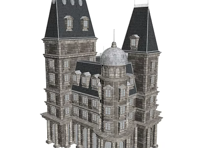 European Architecture Structure With Twin Towers Dome Arched Windows And Stone Walls 3d model