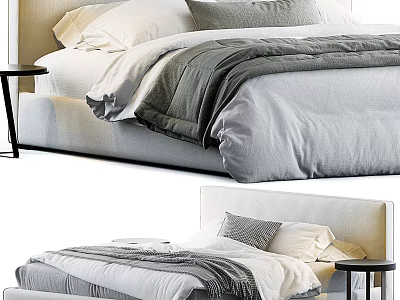 Modern Double Bed Interior With Gray White Bedding Pillows And Side Nightstand 3d model