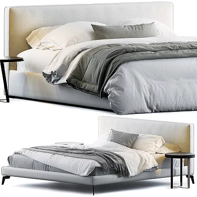 Modern Double Bed Interior With Gray White Bedding Pillows And Side Nightstand 3d model