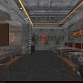 Industrial Vintage Hotpot Restaurant Interior With Weathered Brick Walls Arched Structure And Orange Chairs