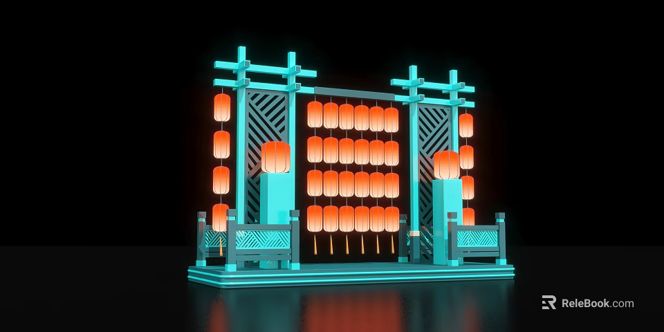 Traditional Chinese Decorative Structure With Blue Frames Orange Lanterns And Lattice Windows 3d model