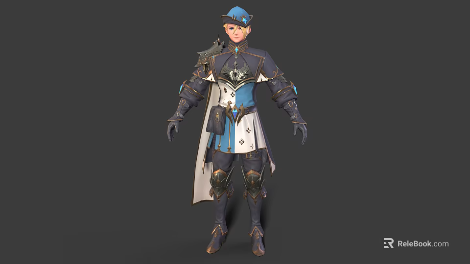 3D Knight Character And Creature With Blue White Armor Cape And Hat 3d model