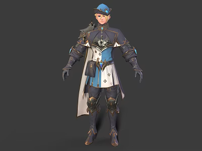 3D Knight Character And Creature With Blue White Armor Cape And Hat 3d model