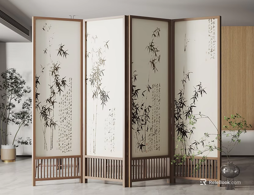 Four Panel Chinese Wooden Screen With Bamboo Pattern And Calligraphy Design 3d model 