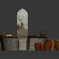 Traditional Stone Circular Pottery Workstation With Arch Top And Ceramic Pots Bowls