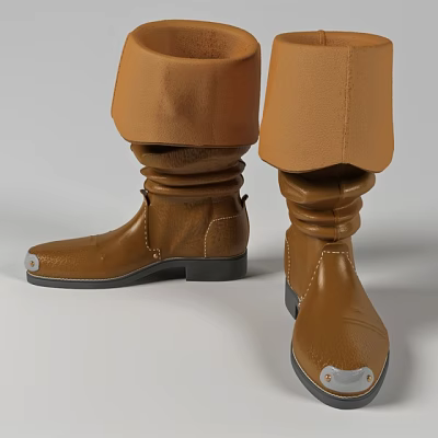 Brown Leather High Top Boots Wrinkled Shaft Metal Toe Cap Black Sole And Brown Pants 3d model