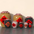 Chinese Traditional Wine Jars With Red Fu And Jiu Character Labels In Various Sizes