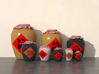 Chinese Traditional Wine Jars With Red Fu And Jiu Character Labels In Various Sizes 3d model