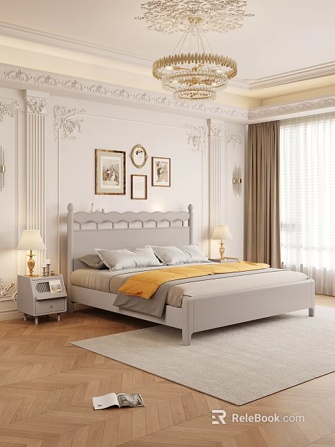 Light Gray Double Bed with Yellow Blanket White Pillows Table Lamps and Decorative Columns 3d model 