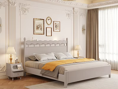 Light Gray Double Bed with Yellow Blanket White Pillows Table Lamps and Decorative Columns 3d model