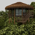 Elevated Rustic Wooden Hut With Thatched Roof Wooden Stairs Railing And Forest Trees