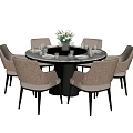 Elegant Round Dining Table And Chairs Set With Marble Top And Beige Upholstered Seats