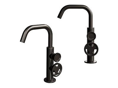 Modern Black Faucet Design Featuring Curved Spout and Stylish Control Knobs 3d model