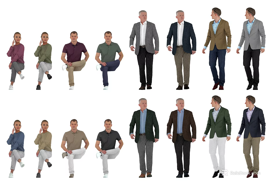 Diverse Group of People in Various Standing and Sitting Poses with Casual Formal Attire 3d model 
