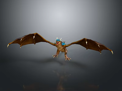 Mythical Dragon With Brown Wings And Blue Horns Standing On Gray Background With Reflection 3d model