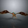 Mythical Dragon With Brown Wings And Blue Horns Standing On Gray Background With Reflection