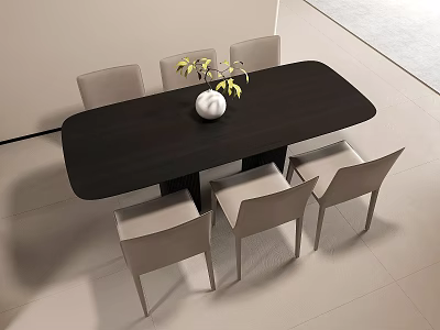 Modern Dining Table Set with Black Table Six Light Gray Chairs White Vase and Yellow Flowers 3d model