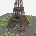 Detailed Eiffel Tower Model Display with Greenery and Square Layout Design 3d model