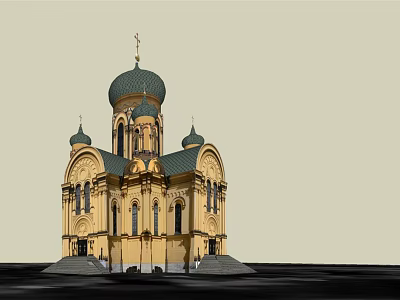Ancient Historic Building With Yellow Exterior Green Domes And Cross On Top 3d model