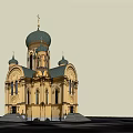 Ancient Historic Building With Yellow Exterior Green Domes And Cross On Top